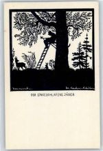 sign. Sachse-Schubert , Eingeschlafener Jäger Scherenschnitt
