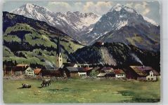 87538 W8975 Fischen i. Allgäu Künstlerkarte Blick mit Schöllangerburg sign. M. Müller