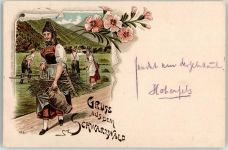 Gruss aus dem Schwarzwald Trachten Schwarzwald Lithographie