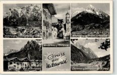 82481 W8102 Mittenwald - Häuserzeile Neunerhaus Kirche Lautersee Wettersteinspitze