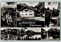 87645 W8959 Schwangau Foto AK Pension Haus Heel Schloss Neuschwanstein und Hohenschwangau Forggensee Kirche St. Koloman