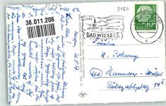 83707 W8182 Bad Wiessee 1957 Foto AK Schwimmbad Kurpromenade