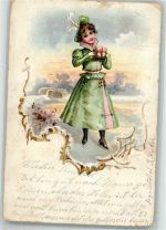 Winter Frau Muff Lithographie Schlittschuh 1901 Gebrauchsspuren