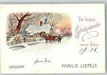 02796 O8805 Kurort Jonsdorf 1908 KEINE AK Pferdeschlitten Neujahr Familie Liepelt Winterlithographie Glückwunschkarte