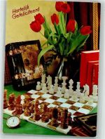 Schachbrett mit Tulpen und Uhr Glückwünsche Schach Foto AK