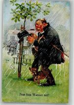 Mann hält im Regen seinen Hut über den Bierkrug ASM Nr. 1304 Trinker Künstlerkarte
