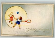 Neujahr Zwei Kinder beim Tennisspiel Tennis 1939 Künstlerkarte