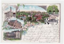 Kamenz, Lithographie Lessingdenkmal, Postamt, Rathaus und Hutberg - Hotel gelaufen von 1896. Gute Erhaltung.
