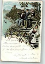W5330 Drachenfels Gruss vom Rhein Wein Lithographie / Künstlerkarte
