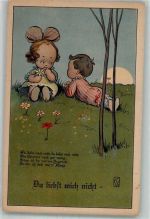 Mädchen zupft Blütenblätter Kinderpoesie Künstlerkarte