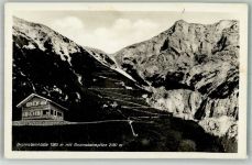 Brunnsteinhütte 1939 Foto AK Almhütte mit brunnsteinspitze Fotograf Adrian Irl Hüttenstempel