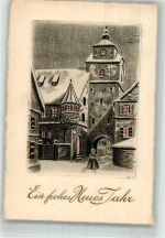 W8803 Rothenburg ob der Tauber Neujahr Weißer Turm seitenverkehrt Radierung Künstlerkarte