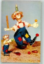 Zwei jonglierende Clownspuppen Steiff Werbe AK