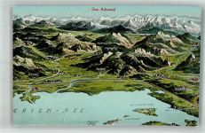83236 W8212 Übersee Künstlerkarte Vogelschau der Gegend um den Chiemsee mit Achental und Alpenpanorama
