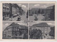 Herne in Westfalen mit Bahnhofstraße, Finanz-Arbeitsamt, Schloß Strünkede und Sparkasse. ungelaufen Nachkriegskarte. Gute Erhaltung.
