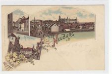 Neuburg, Lithographie mit Kgl. Studien Anstalt u. oberem Stadttor gelaufen, mit Marke und Stempel von 1898 kleiner Riß am rechten Rand unten, Knick oben links mit Einriß, Ecken mit Albumabdrücken, sonst gut erhalten