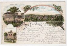 Bad Harzburg, Lithographie. Bahnhofs Hotel u. das Kriegerdenkmal gelaufen, mit Marke und Bahnpoststempel von 1898, Zug Nr. 499. Leichter Stempeldurchdruck, leicht bügig, fleckig, sonst gut erhalten