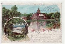 Lithographie Gruss aus Potsdam. Marmor-Palais Glienicker Brücke. Postalisch gelaufen 1903. Die Marke fehlt. Kleine Knicke oben rechts und unten links.