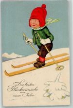 Neujahr Kind AK Ski Lithographie