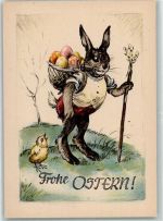Hase vermenschlicht Kiepe mit Ostereir, Küken an der Leine AK Osterei Künstlerkarte