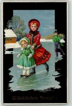 Neujahr Mutter und Kind Kleidung mit Pelzbesatz AK Schlittschuh 1913