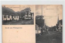 Weingarten. Witwe Kindler Spezereihandlung Straße mit Kirche ungelaufen Leicht fleckig, sonst gut erhalten
