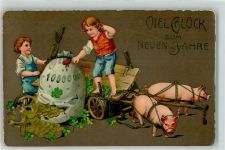Neujahr Kinder Geldsack Karre wird von Schweinen gezogen Schwein 1911 Gebrauchsspuren