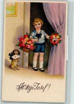Geburtstag Kind mit Blumen , Hund mit einem Brief Rose