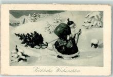 Schlitten mit einem Tannenbaum AK Weihnachtsmann 1929 Gebrauchsspuren