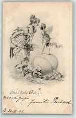 Frau Küsse Amor Hase großes Ei mit Schleife AK Osterei 1902 Gebrauchsspuren