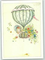 Kind wirft Blumen ab sign. M. Köpp Ballon Künstlerkarte