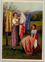 Mutter und Kind bunte Wäsche sign. Carl M. Schuster ? Indanthren Künstlerkarte