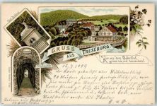 38889 O3721 Treseburg Lithographie Pfeil Denkmal Wilhelms Blick Boethal Blumen Gruss