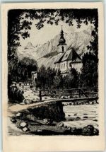 83486 W8243 Ramsau b. Berchtesgaden Künstlerkarte Kirche St.Sebastian sign. H.Buschbaum