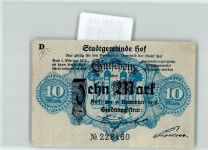 95028 W8670 Hof , Saale Notgeldschein Notgeld 10 Mark Wappen Türme Löwe Blau