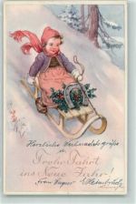 Neujahr Hufeisen Stechpalme Kind sign. Lingen Schlitten 1955