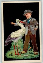 sign.Kirchbach Junge Storch Künstlerkarte