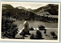83727 W8162 Spitzingsee Foto AK Kirche St. Bernhard und Gasthof Hüttenstempel