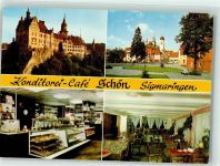 72488 W7480 Sigmaringen Werbe AK Cafe Schön Kirche St. Johann mit Hohenzollernschloss Sigmaringen