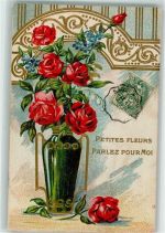 Rosen Blumenvase Lithographie Vergissmeinnicht 1907 Prägedruck
