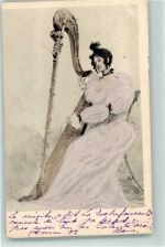 Frau in elegantem Kleid Harfe 1902 Gebrauchsspuren