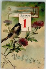 Bonne Annee Kalender-Datum Vogel 1904 Lithographie / Künstlerkarte