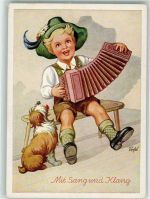 sign. Dörfel Kind Tracht Hund Ziehharmonika Künstlerkarte