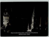 80331 W8000 München 1960 Foto AK Rathausturm und Turm der Peterskirche bei Nacht anläßlich des Eucharistischen Weltkongresses Fotograf Reinisch