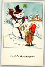 Hufeisen Kind mit einem Muff Neujahr Schneemann 1955 Künstlerkarte