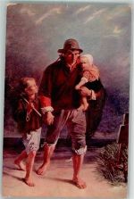 sign. Israels Nach Mutters Grab Ein Vater mit seinen beiden kleinen Kindern am Grab der toten Mutter Moderner Kunst-Verlag 2188 Tod Künstlerkarte