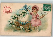 Blumenkarre großes Osterei Maiglöckchen Mädchen Kind Osterei 1908 Prägedruck