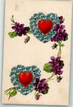 Zwei Herzen aus Blumen mit Veilchen L & K Serie 1665 Vergissmeinnicht Prägedruck