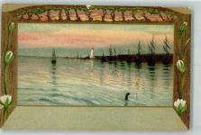 Leuchtturm U-Boot Segelschiff Jugendstil Prägedruck
