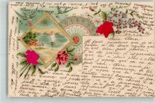 mit Echstoffaplikation Rosen Veilchen Lithographie Schwalbe 1902 Prägedruck